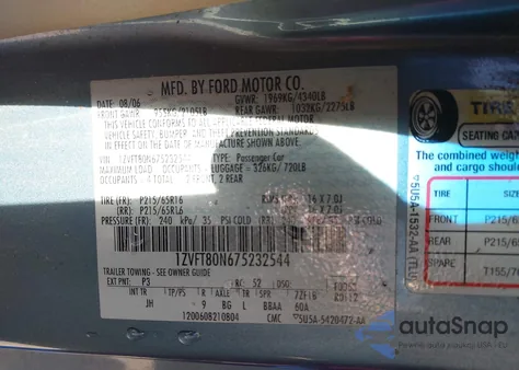 2007 Ford Mustang V6 Deluxe/V6 Premium z USA, uszkodzony, nr VIN 1ZVFT80N675232544